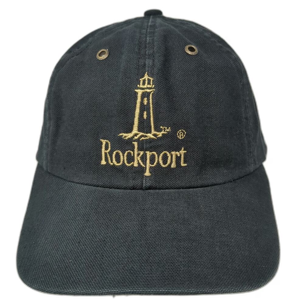 Rockport Baseball Cap Black OSFM Lighthouse Logo Gold Embroidery Slideback Hat